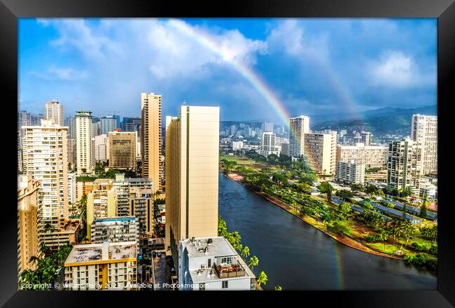 Colorful Double Rainbow Buildings Waikiki Ala Wai Canal Honolulu Framed Print by William Perry
