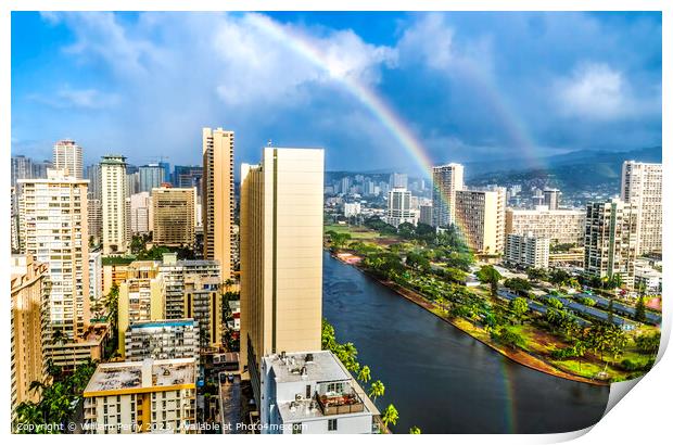 Colorful Double Rainbow Buildings Waikiki Ala Wai Canal Honolulu Print by William Perry