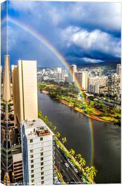 Colorful Double Rainbow Buildings Waikiki Ala Wai Canal Honolulu Canvas Print by William Perry