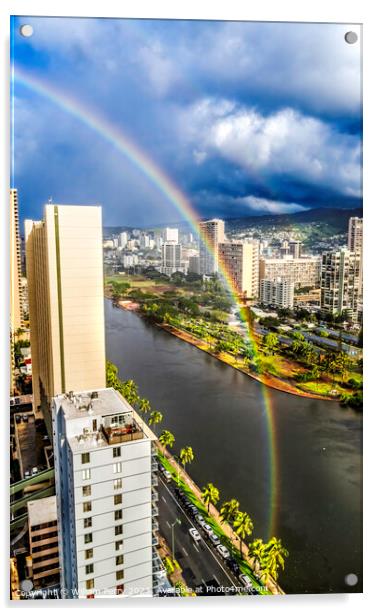 Colorful Double Rainbow Buildings Waikiki Ala Wai Canal Honolulu Acrylic by William Perry