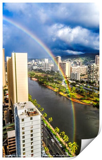 Colorful Double Rainbow Buildings Waikiki Ala Wai Canal Honolulu Print by William Perry