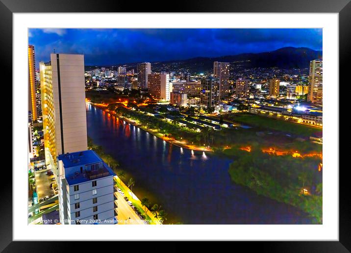 Colorful Illuminated Night Buildings Waikiki Ala Wai Canal Honol Framed Mounted Print by William Perry