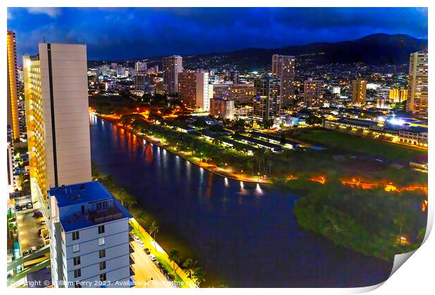 Colorful Illuminated Night Buildings Waikiki Ala Wai Canal Honol Print by William Perry