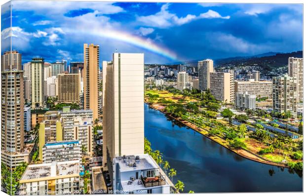 Colorful Rainbow Buildings Waikiki Ala Wai Canal Honolulu Hawaii Canvas Print by William Perry