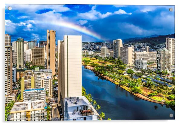 Colorful Rainbow Buildings Waikiki Ala Wai Canal Honolulu Hawaii Acrylic by William Perry