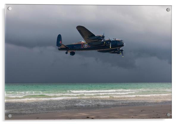 Lancaster bomber over the sea and under a dark, cloudy sky Acrylic by Kevin Hellon