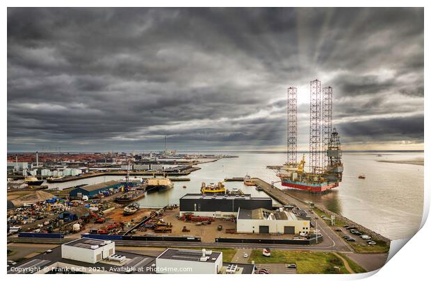 Oil rigs in Esbjerg harbor at the North Sea,  Denmark Print by Frank Bach