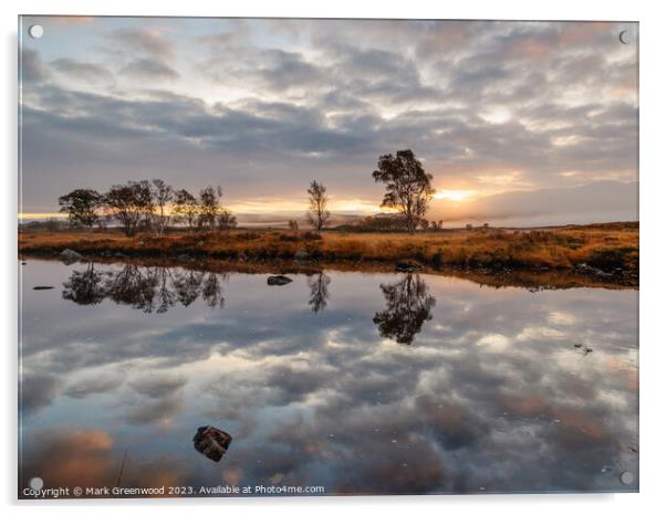Loch Ba Sunrise Acrylic by Mark Greenwood