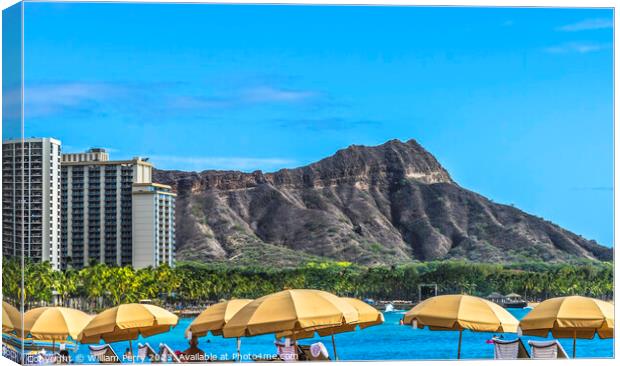 Colorful Waikiki Beach Umbrellas Diamond Head Honolulu Hawaii Canvas Print by William Perry