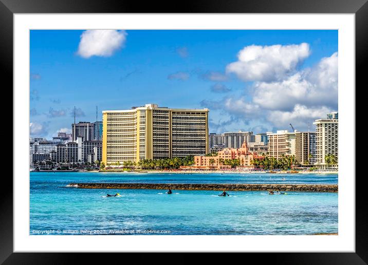 Colorful Surfers Hotels Waikiki Beach Honolulu Hawaii Framed Mounted Print by William Perry
