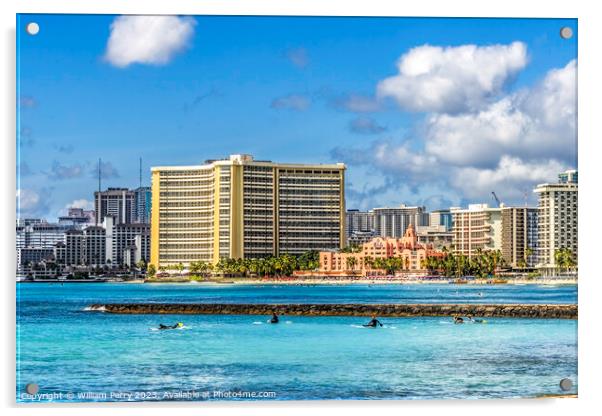 Colorful Surfers Hotels Waikiki Beach Honolulu Hawaii Acrylic by William Perry