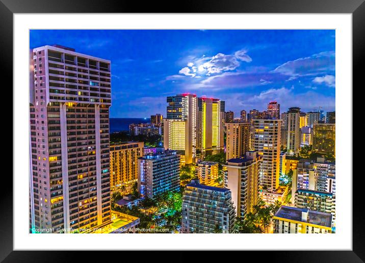 Morning Illuminated Buildings Moon Waikiki Honolulu Hawaii Framed Mounted Print by William Perry
