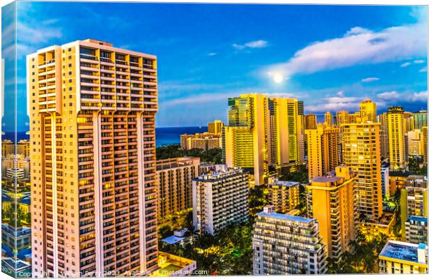 Colorful Early Morning Buildings Moon Waikiki Honolulu Hawaii Canvas Print by William Perry