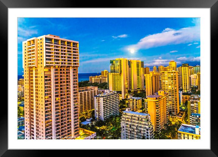 Colorful Early Morning Buildings Moon Waikiki Honolulu Hawaii Framed Mounted Print by William Perry