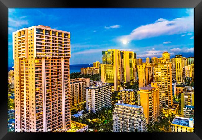 Colorful Early Morning Buildings Moon Waikiki Honolulu Hawaii Framed Print by William Perry