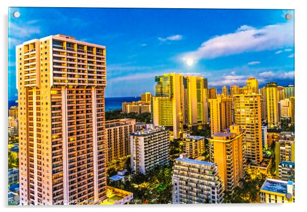 Colorful Early Morning Buildings Moon Waikiki Honolulu Hawaii Acrylic by William Perry