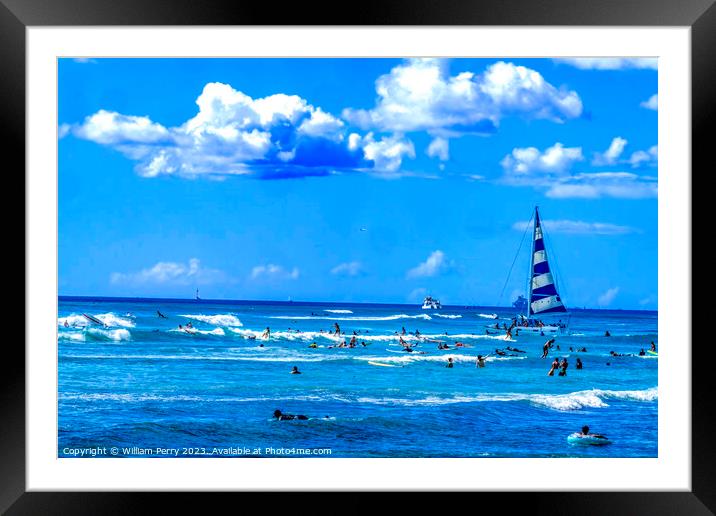 Colorful Sailboat Surfers Swimmers Waikiki Beach Honolulu Hawaii Framed Mounted Print by William Perry