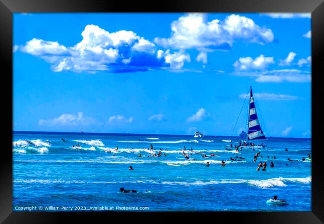 Colorful Sailboat Surfers Swimmers Waikiki Beach Honolulu Hawaii Framed Print by William Perry