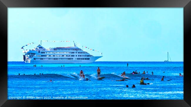 Colorful Surfers Swimmers Cruise Ship Waikiki Beach Honolulu Haw Framed Print by William Perry