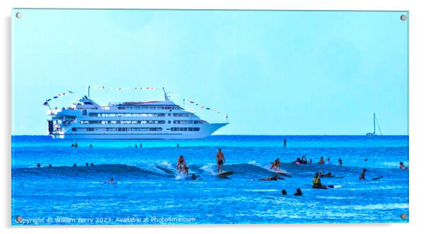Colorful Surfers Swimmers Cruise Ship Waikiki Beach Honolulu Haw Acrylic by William Perry