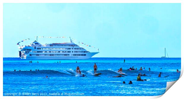 Colorful Surfers Swimmers Cruise Ship Waikiki Beach Honolulu Haw Print by William Perry