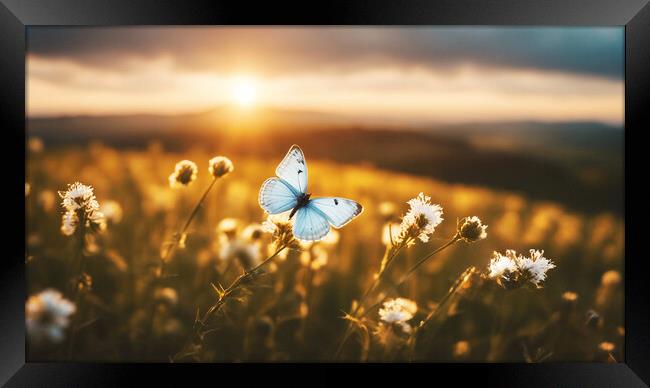 Wildflowers and butterfly at sunset. Framed Print by Guido Parmiggiani