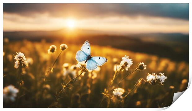 Wildflowers and butterfly at sunset. Print by Guido Parmiggiani