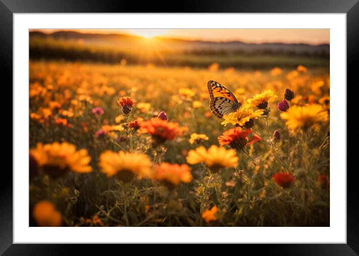 Wildflowers and butterfly at sunset. Framed Mounted Print by Guido Parmiggiani
