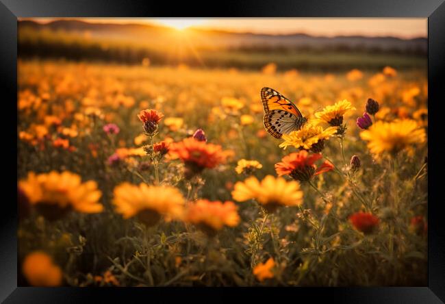 Wildflowers and butterfly at sunset. Framed Print by Guido Parmiggiani