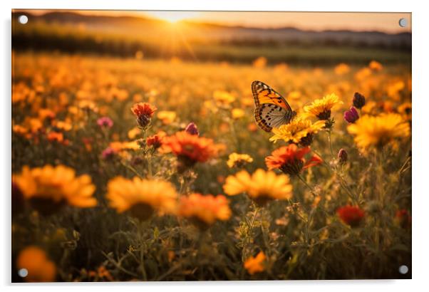 Wildflowers and butterfly at sunset. Acrylic by Guido Parmiggiani
