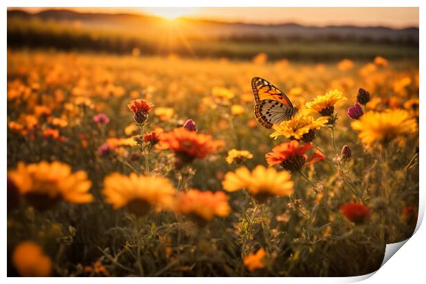 Wildflowers and butterfly at sunset. Print by Guido Parmiggiani