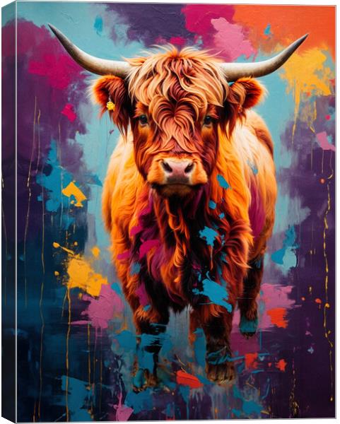 Colorful and artistic portrait of a Highland cow.  Canvas Print by Guido Parmiggiani