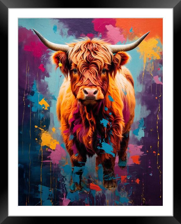 Colorful and artistic portrait of a Highland cow.  Framed Mounted Print by Guido Parmiggiani