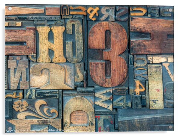 A collection of old used wooden printers blocks Acrylic by Phil Lane