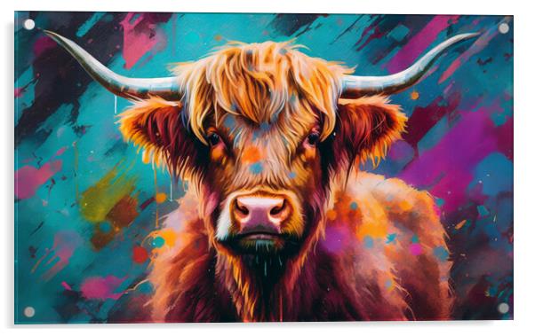 Colorful and artistic portrait of a Highland cow. Acrylic by Guido Parmiggiani
