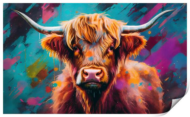 Colorful and artistic portrait of a Highland cow. Print by Guido Parmiggiani