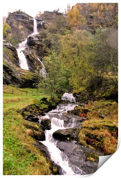 Waterfall Flamsdalen Valley Flam Norway Scandinavia Print by Andy Evans Photos