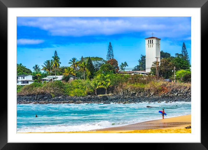 Watching Waves Surfer Waimea Bay North Shore Oahu Hawaii Framed Mounted Print by William Perry