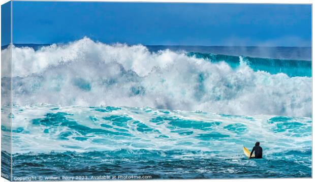 Surfer Looking Large Wave Waimea Bay North Shore Oahu Hawaii Canvas Print by William Perry