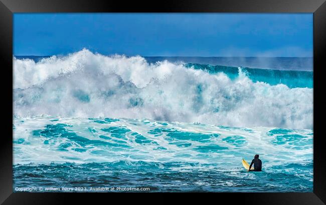 Surfer Looking Large Wave Waimea Bay North Shore Oahu Hawaii Framed Print by William Perry