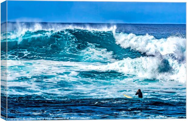 Surfer Looking Large Wave Waimea Bay North Shore Oahu Hawaii Canvas Print by William Perry