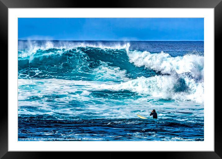 Surfer Looking Large Wave Waimea Bay North Shore Oahu Hawaii Framed Mounted Print by William Perry
