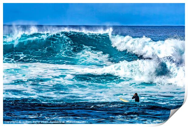 Surfer Looking Large Wave Waimea Bay North Shore Oahu Hawaii Print by William Perry