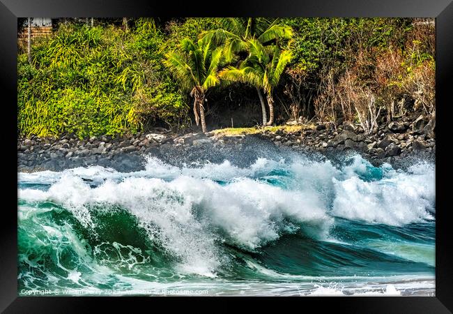 Colorful Large Wave Rocks Waimea Bay North Shore Oahu Hawaii Framed Print by William Perry
