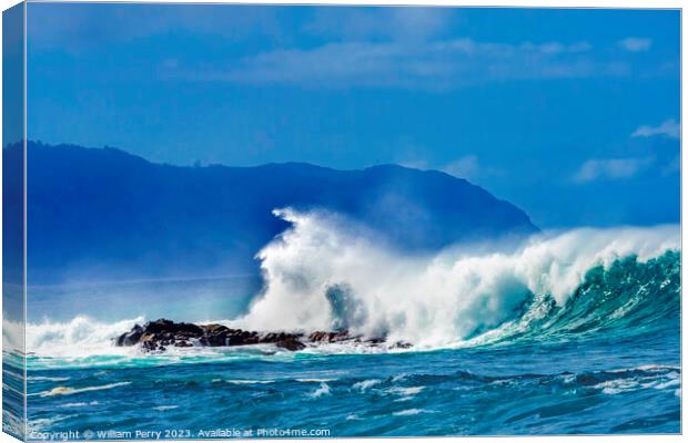 Colorful Large Waves Rocks Waimea Bay North Shore Oahu Hawaii Canvas Print by William Perry