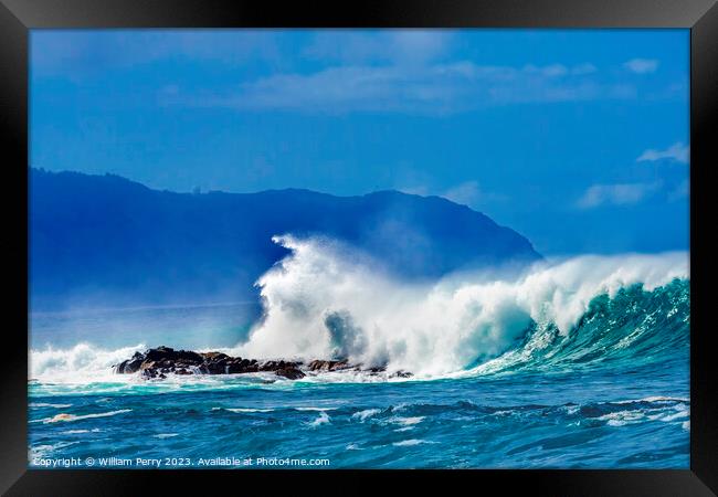 Colorful Large Waves Rocks Waimea Bay North Shore Oahu Hawaii Framed Print by William Perry