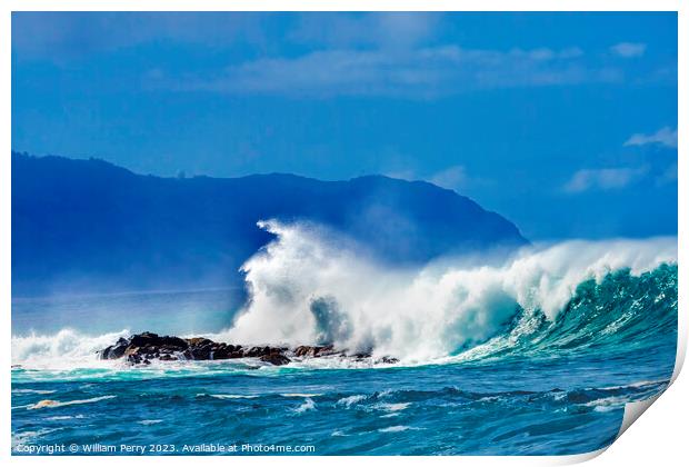 Colorful Large Waves Rocks Waimea Bay North Shore Oahu Hawaii Print by William Perry