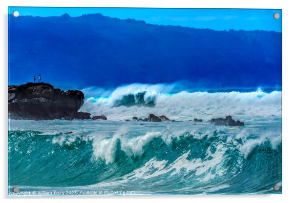 Watching Large Waves Rocks Waimea Bay North Shore Oahu Hawaii Acrylic by William Perry