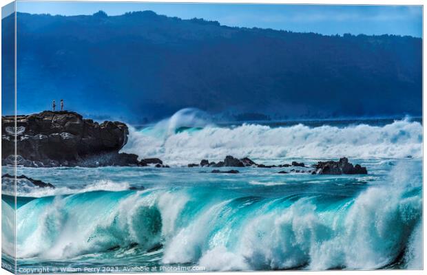 Watching Large Waves Rocks Waimea Bay North Shore Oahu Hawaii Canvas Print by William Perry
