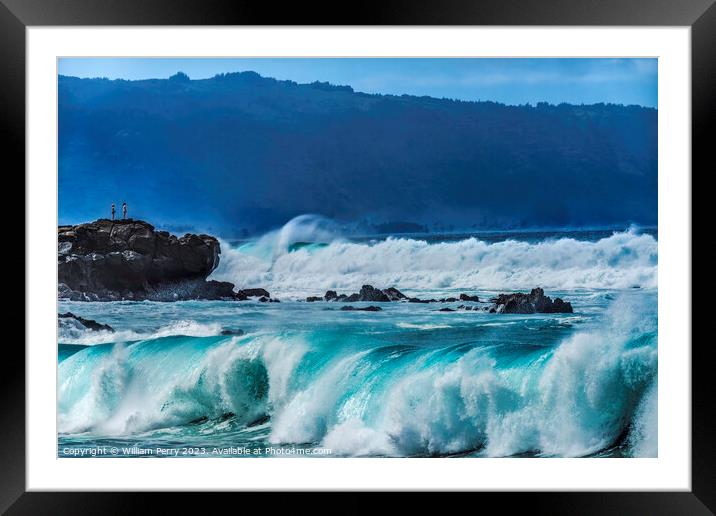 Watching Large Waves Rocks Waimea Bay North Shore Oahu Hawaii Framed Mounted Print by William Perry